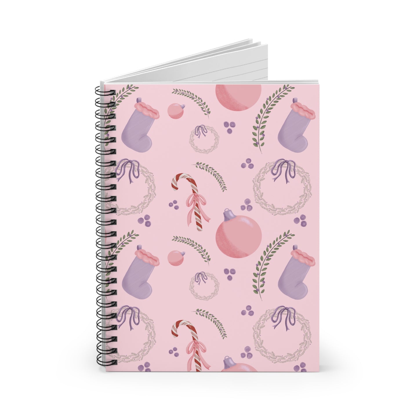 Festive Holiday Spiral Notebook - Ruled Line with Ornaments and Candy Canes